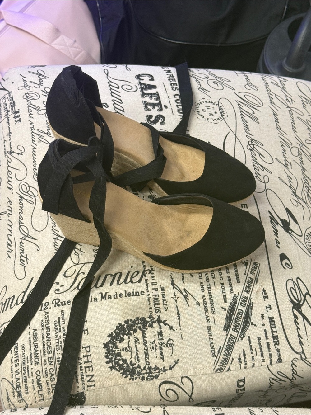 Old Navy Black Ankle-Tie Wedge Espadrilles with Tan Wedge